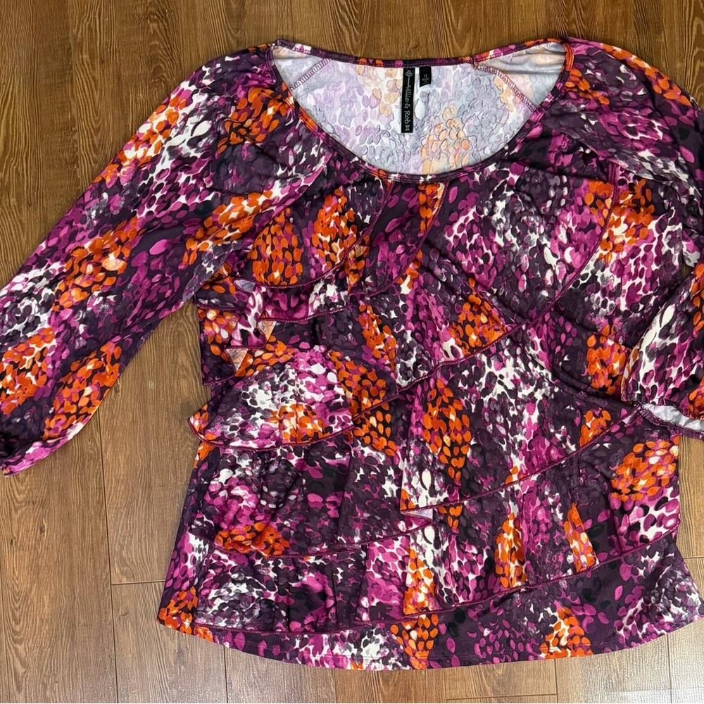 Women's Ruffle Top by Allie & Rob - Size 1X - 3/4 Sleeve - Multicolor